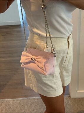 Dior Light Pink Bow Crossbody Bag with Silver Chain